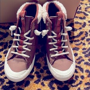 Sperry Tan High-Top Sneakers with Sherpa Lining